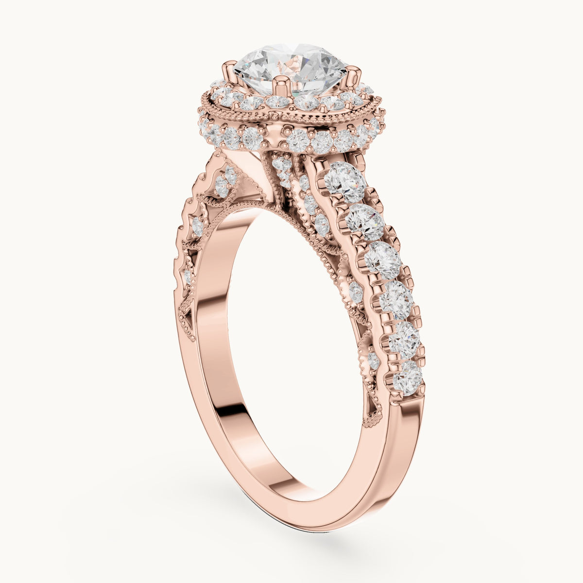Round lab-grown diamond halo engagement ring with graduated side stones in rose gold, 2.08 CT TW, view 1