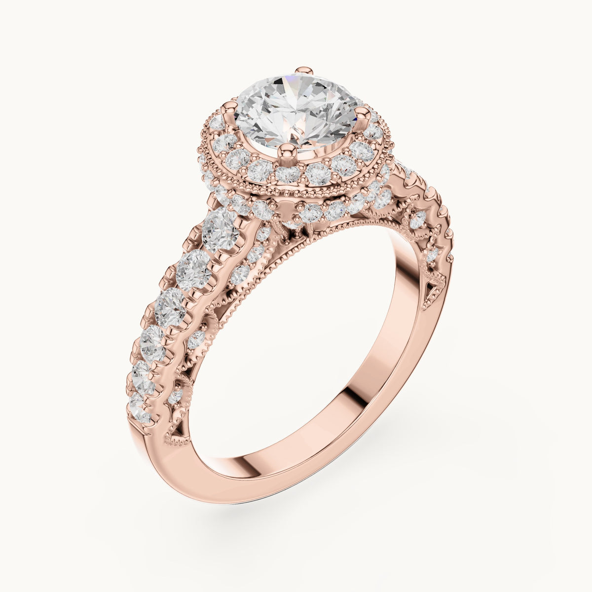 Round lab-grown diamond halo engagement ring with graduated side stones in rose gold, 2.08 CT TW, view 2