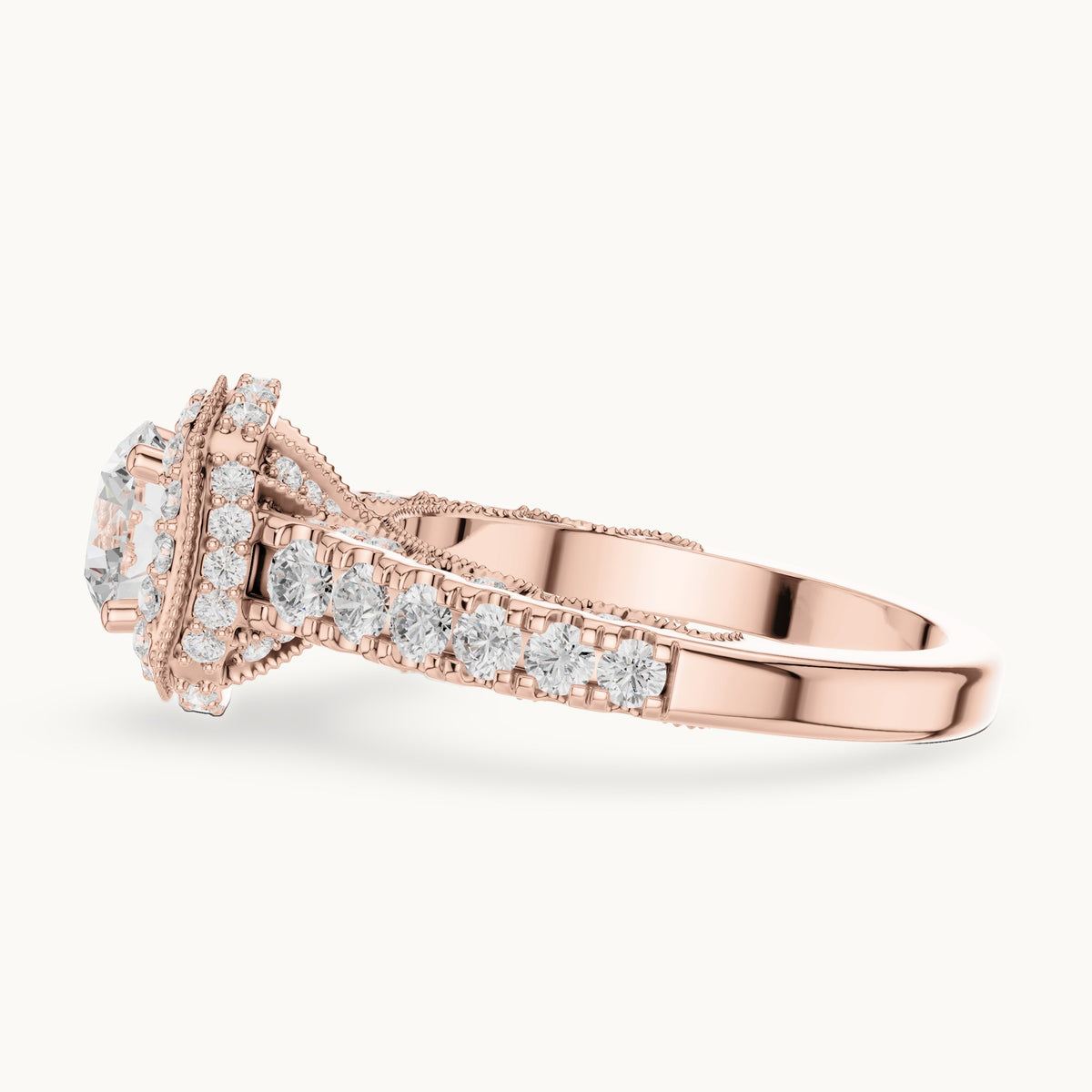 Round lab-grown diamond halo engagement ring with graduated side stones in rose gold, 2.08 CT TW, view 3