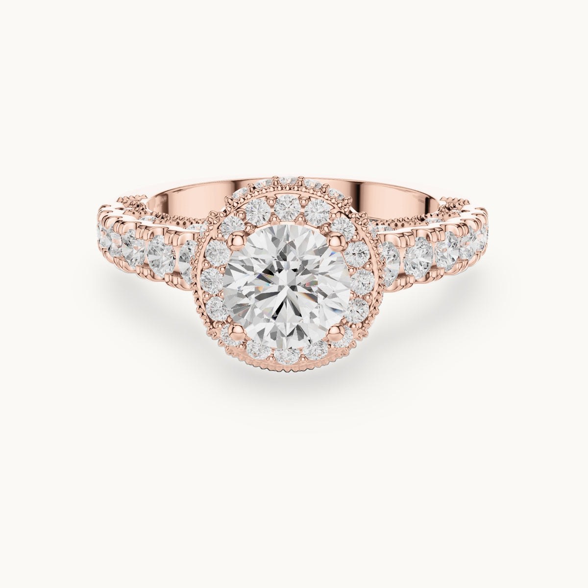 Round lab-grown diamond halo engagement ring with graduated side stones in rose gold, 2.08 CT TW, view 4