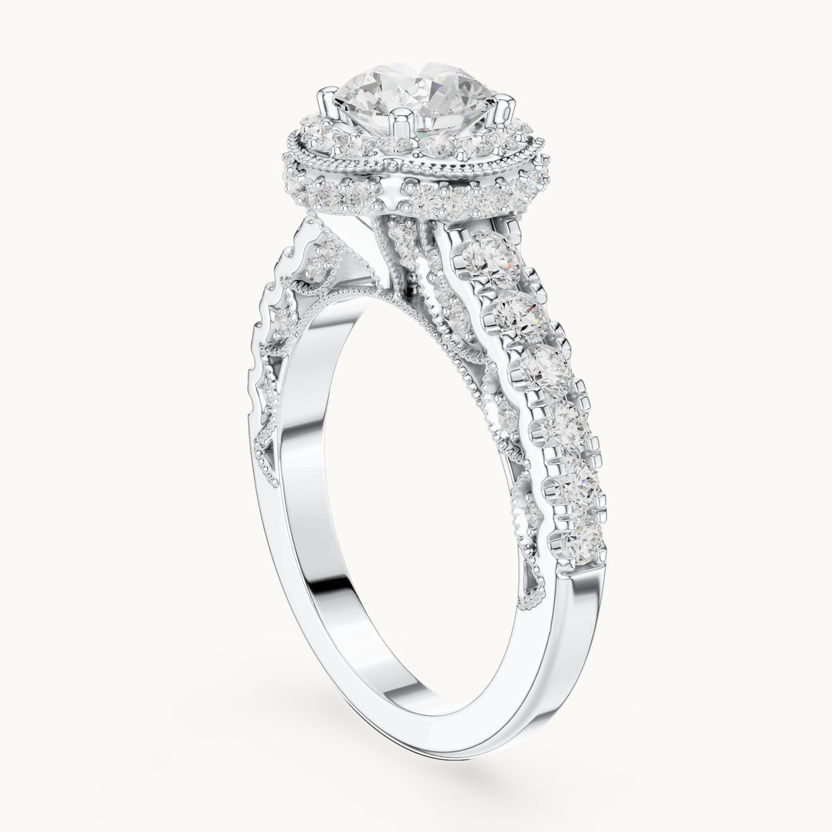 Round lab-grown diamond halo engagement ring with graduated side stones in white gold, 2.08 CT TW, view 1