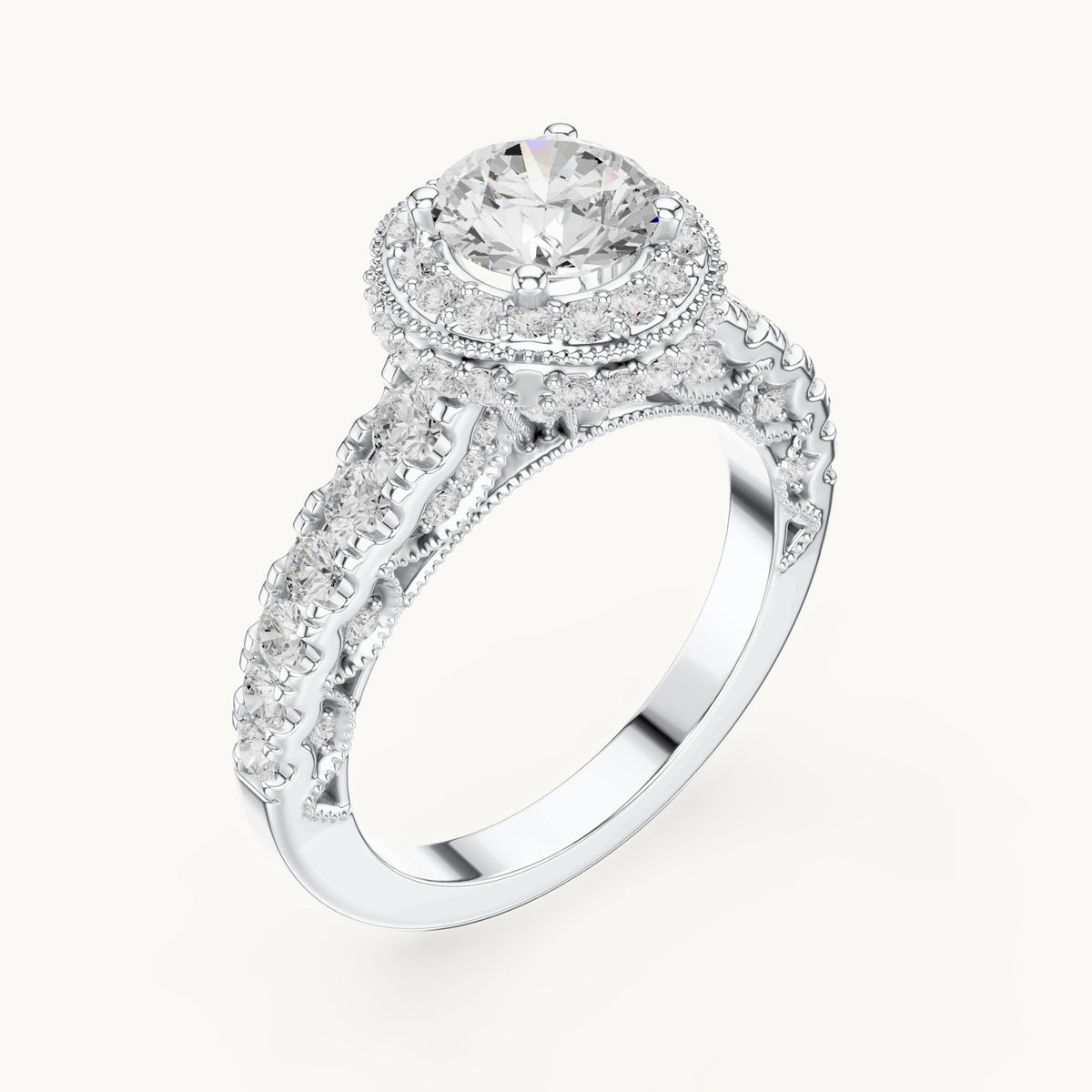 Round lab-grown diamond halo engagement ring with graduated side stones in white gold, 2.08 CT TW, view 2