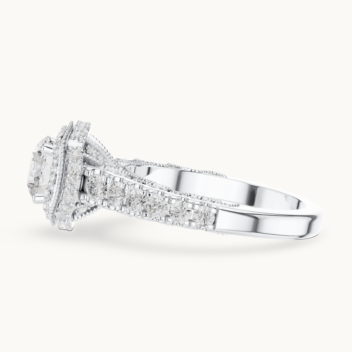 Round lab-grown diamond halo engagement ring with graduated side stones in white gold, 2.08 CT TW, view 3