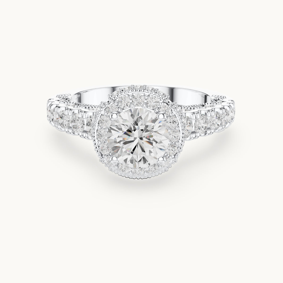 Round lab-grown diamond halo engagement ring with graduated side stones in white gold, 2.08 CT TW, view 4