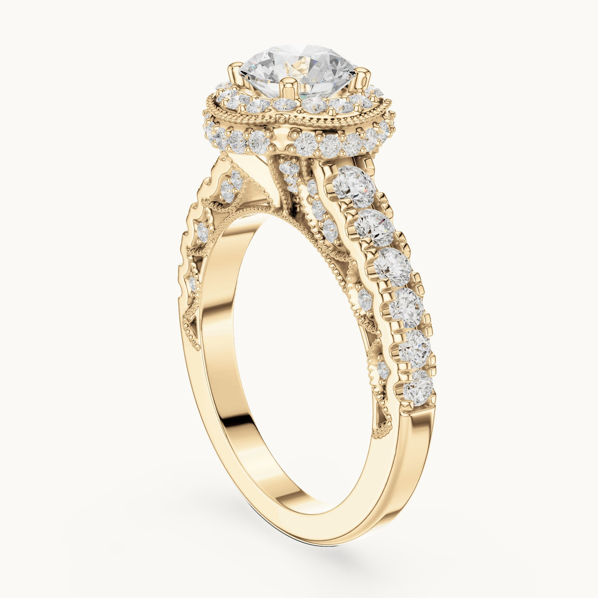 Round lab-grown diamond halo engagement ring with graduated side stones in yellow gold, 2.08 CT TW, view 1