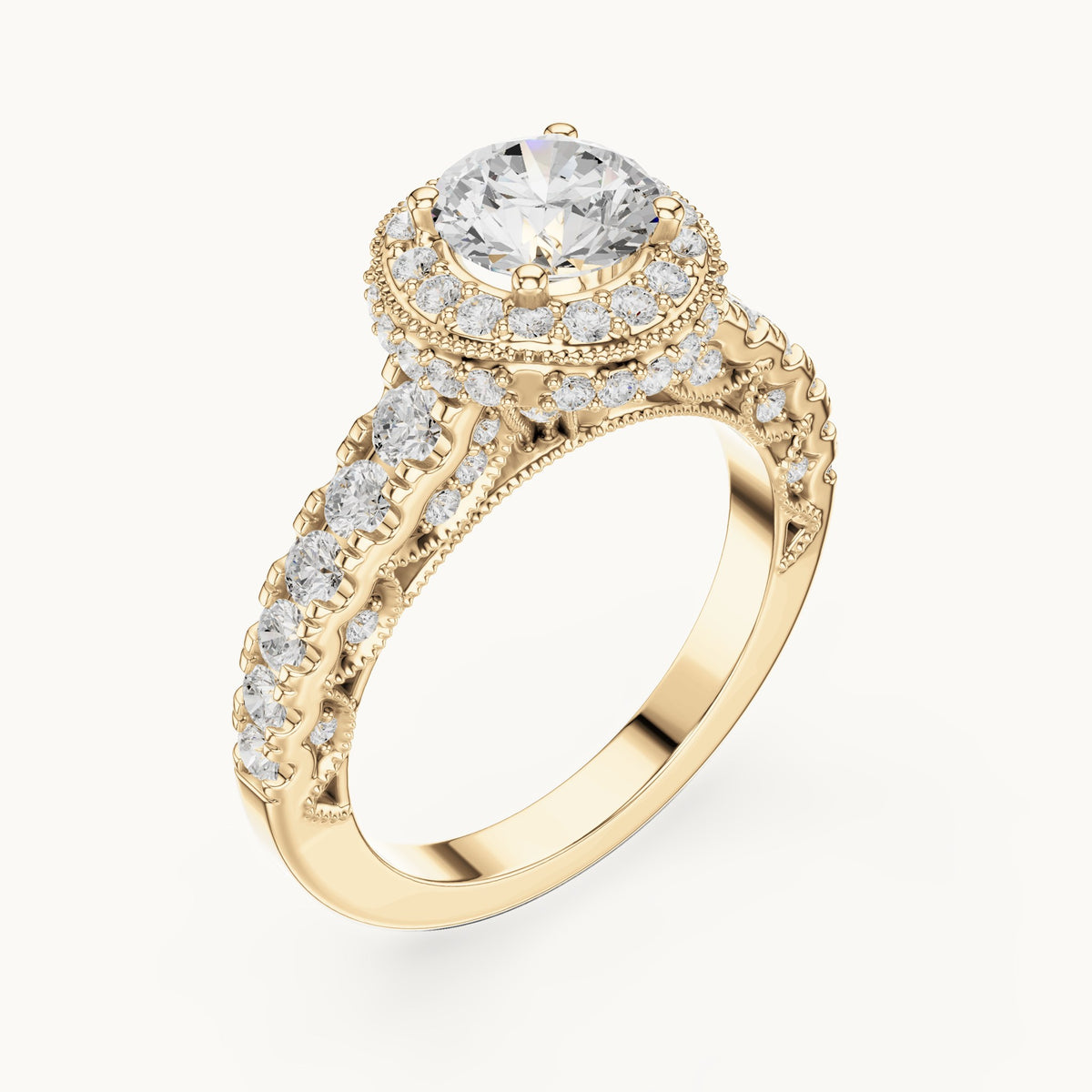 Round lab-grown diamond halo engagement ring with graduated side stones in yellow gold, 2.08 CT TW, view 2