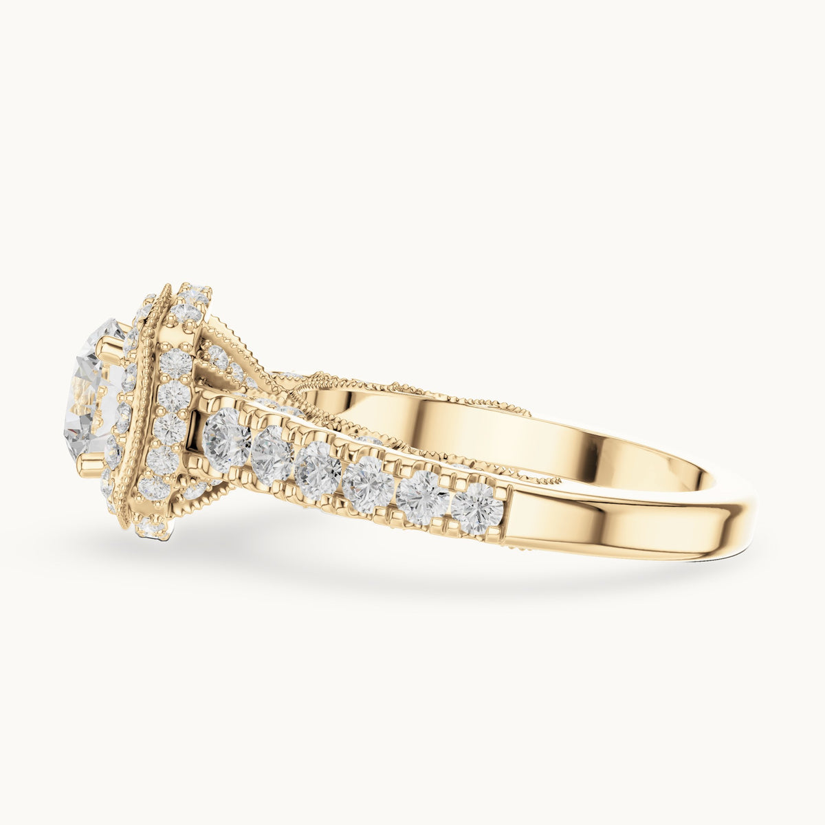 Round lab-grown diamond halo engagement ring with graduated side stones in yellow gold, 2.08 CT TW, view 3