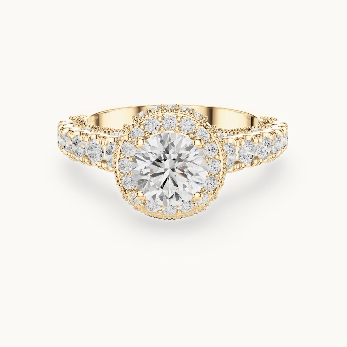 Round lab-grown diamond halo engagement ring with graduated side stones in yellow gold, 2.08 CT TW, view 4