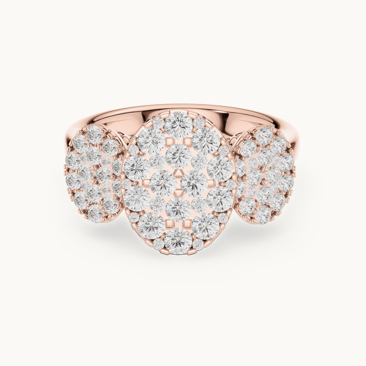 Round lab-grown diamond three-cluster ring in rose gold, 1.046 CT TW, view 4