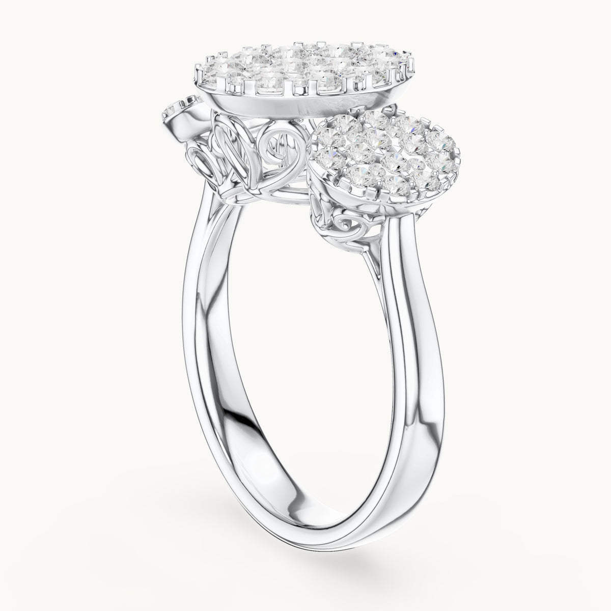 Round lab-grown diamond three-cluster ring in white gold, 1.046 CT TW, view 1