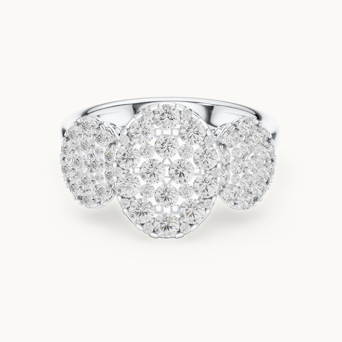 Round lab-grown diamond three-cluster ring in white gold, 1.046 CT TW, view 4