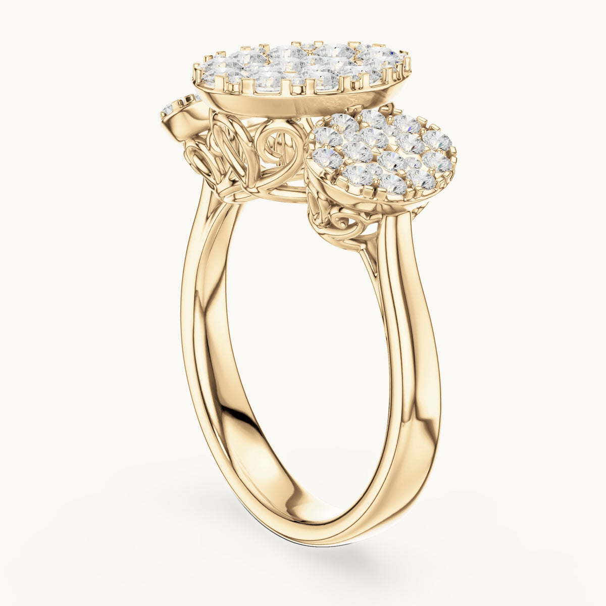 Round lab-grown diamond three-cluster ring in yellow gold, 1.046 CT TW, view 1