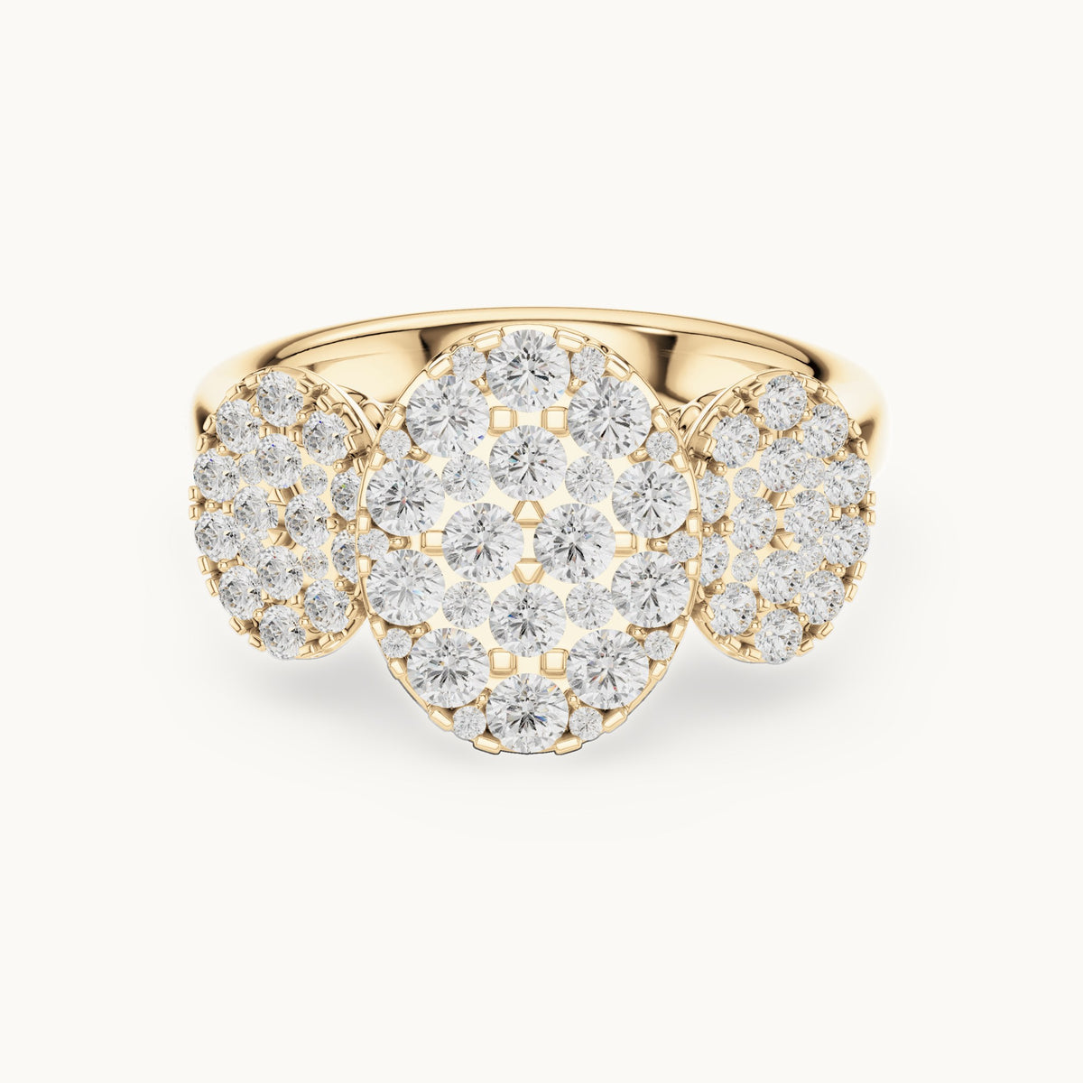 Round lab-grown diamond three-cluster ring in yellow gold, 1.046 CT TW, view 4