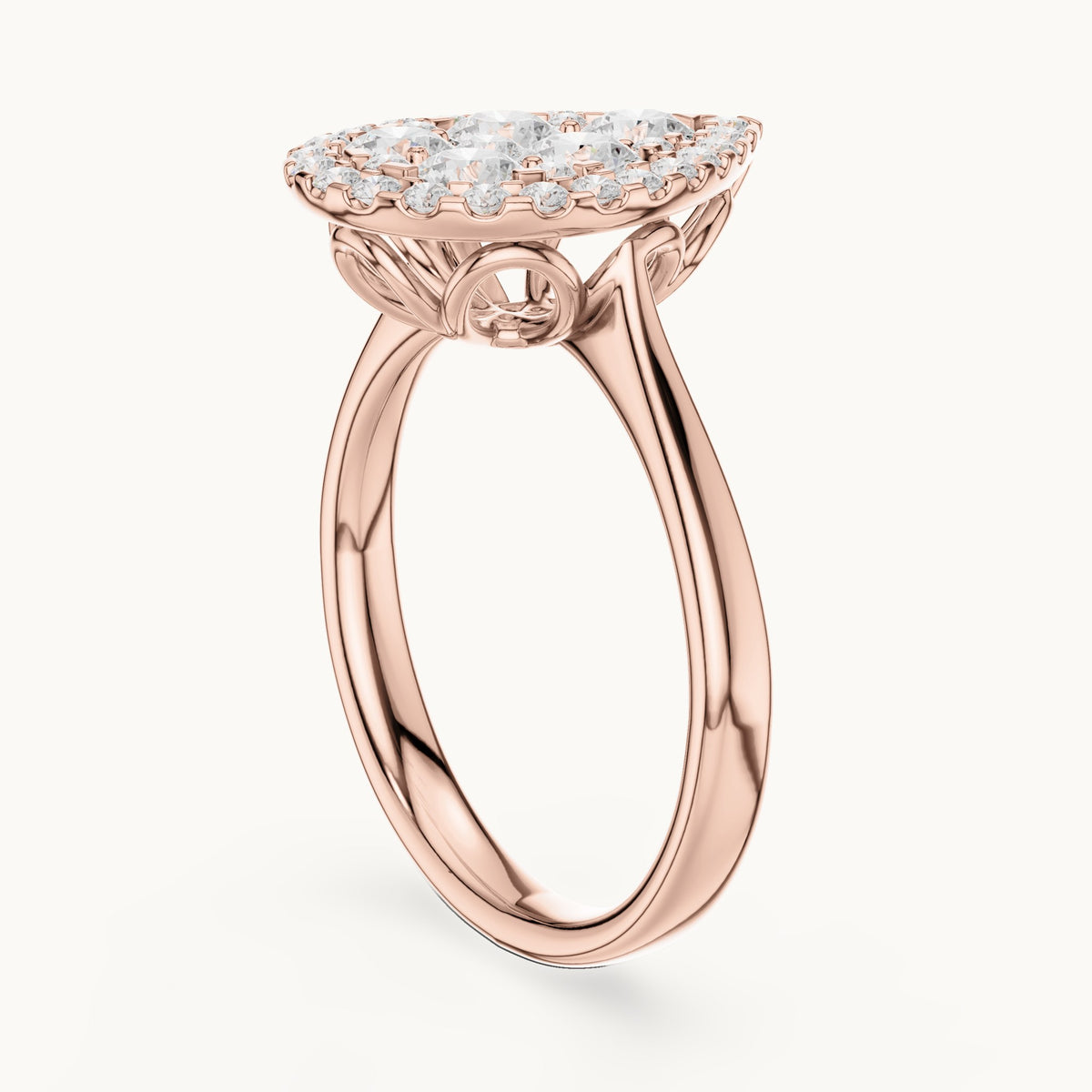Round lab-grown diamond pear cluster halo ring in rose gold, 1.003 CT TW, view 1