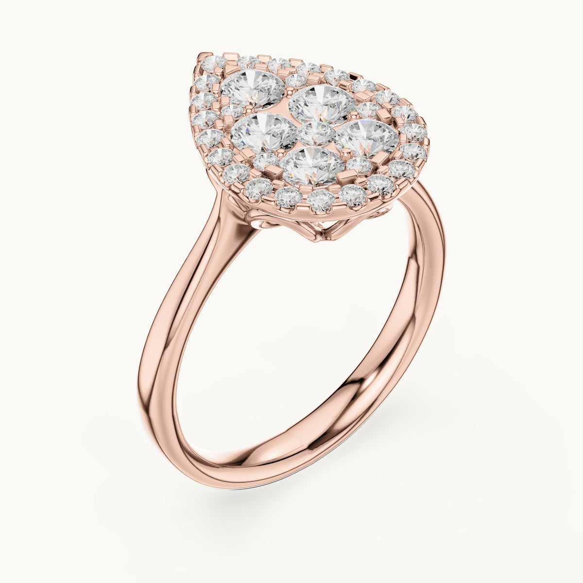 Round lab-grown diamond pear cluster halo ring in rose gold, 1.003 CT TW, view 2