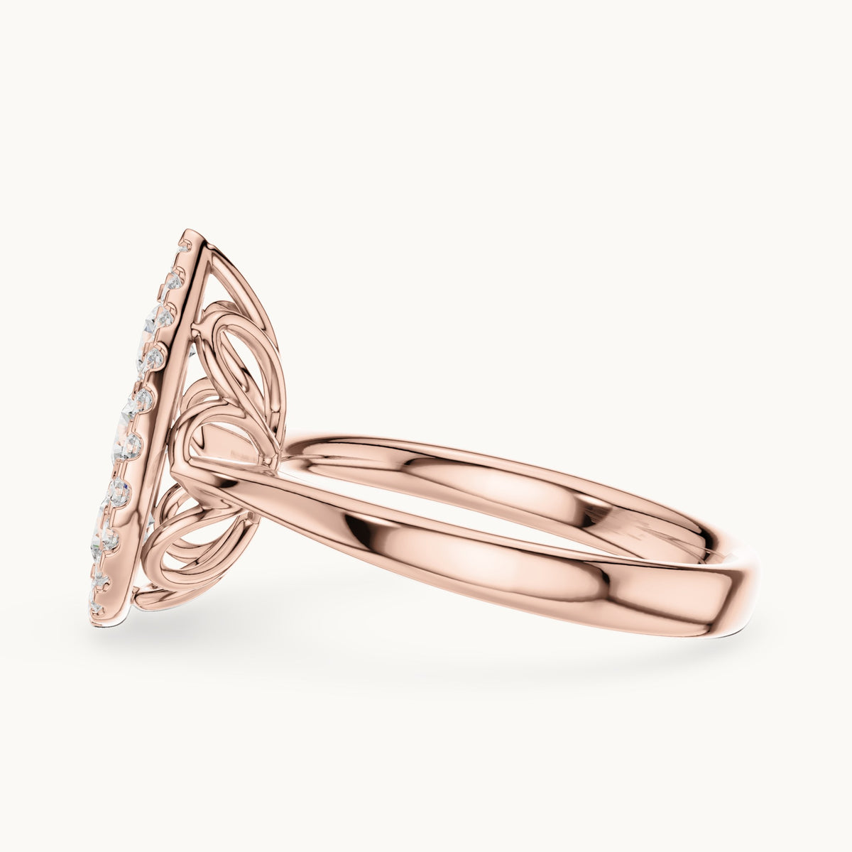 Round lab-grown diamond pear cluster halo ring in rose gold, 1.003 CT TW, view 3