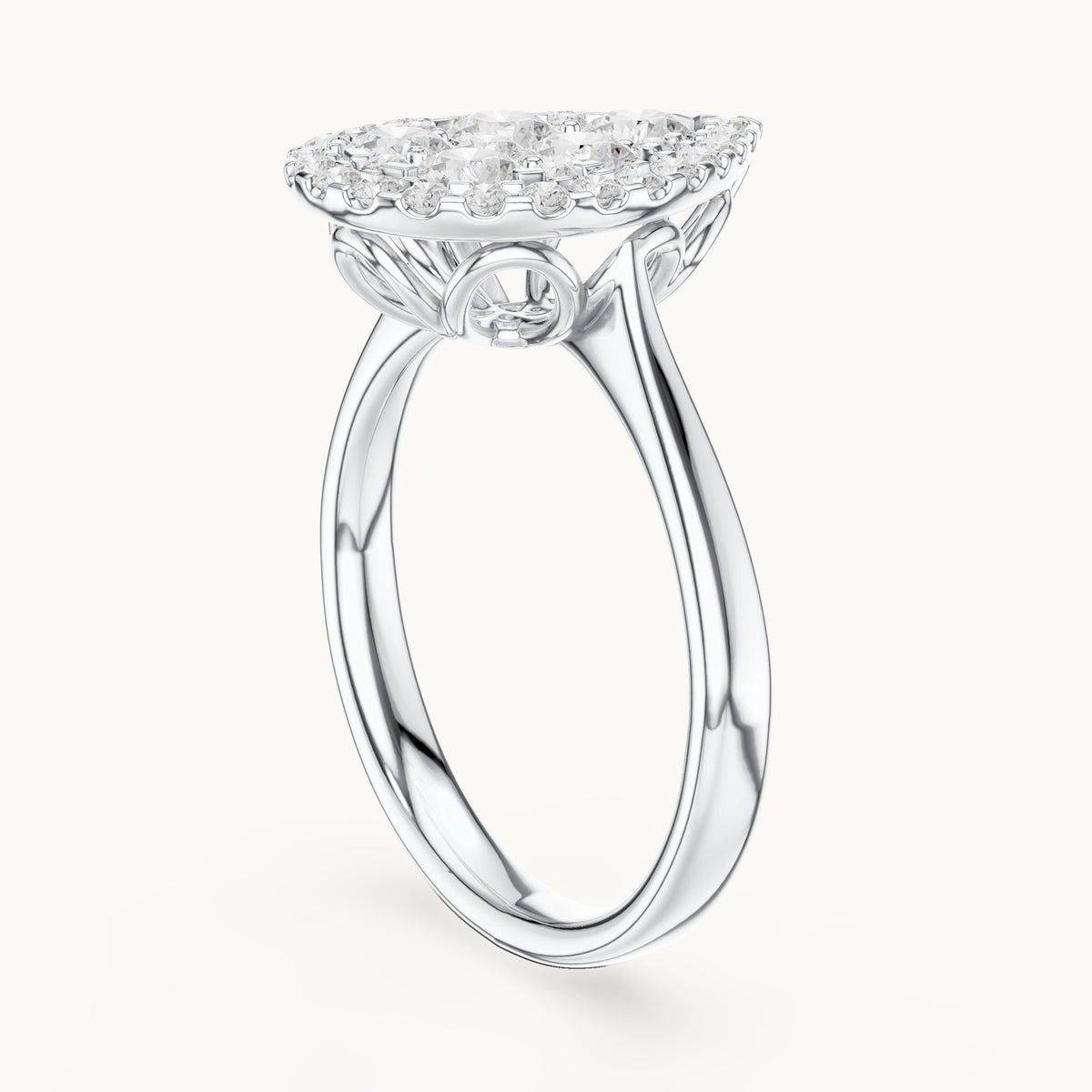 Round lab-grown diamond pear cluster halo ring in white gold, 1.003 CT TW, view 1
