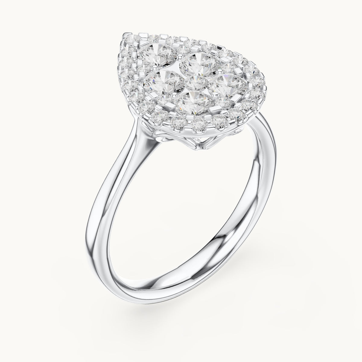 Round lab-grown diamond pear cluster halo ring in white gold, 1.003 CT TW, view 2