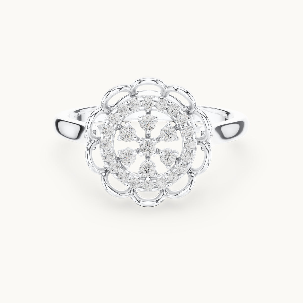 Round lab-grown diamond floral openwork cluster ring in white gold, 0.19 CT TW, view 4