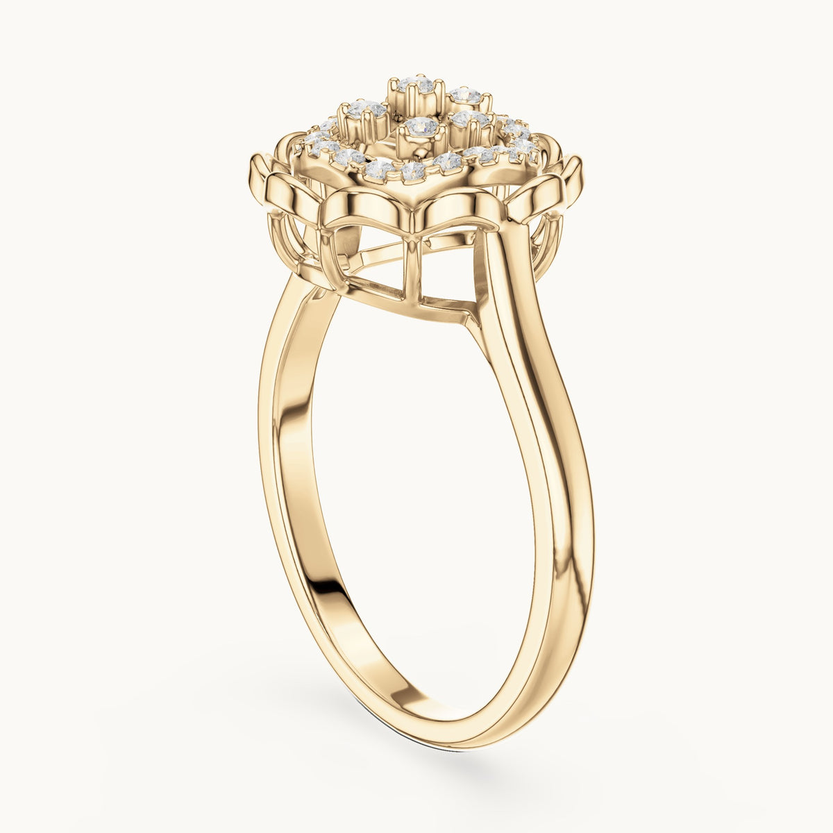 Round lab-grown diamond floral openwork cluster ring in yellow gold, 0.19 CT TW, view 1