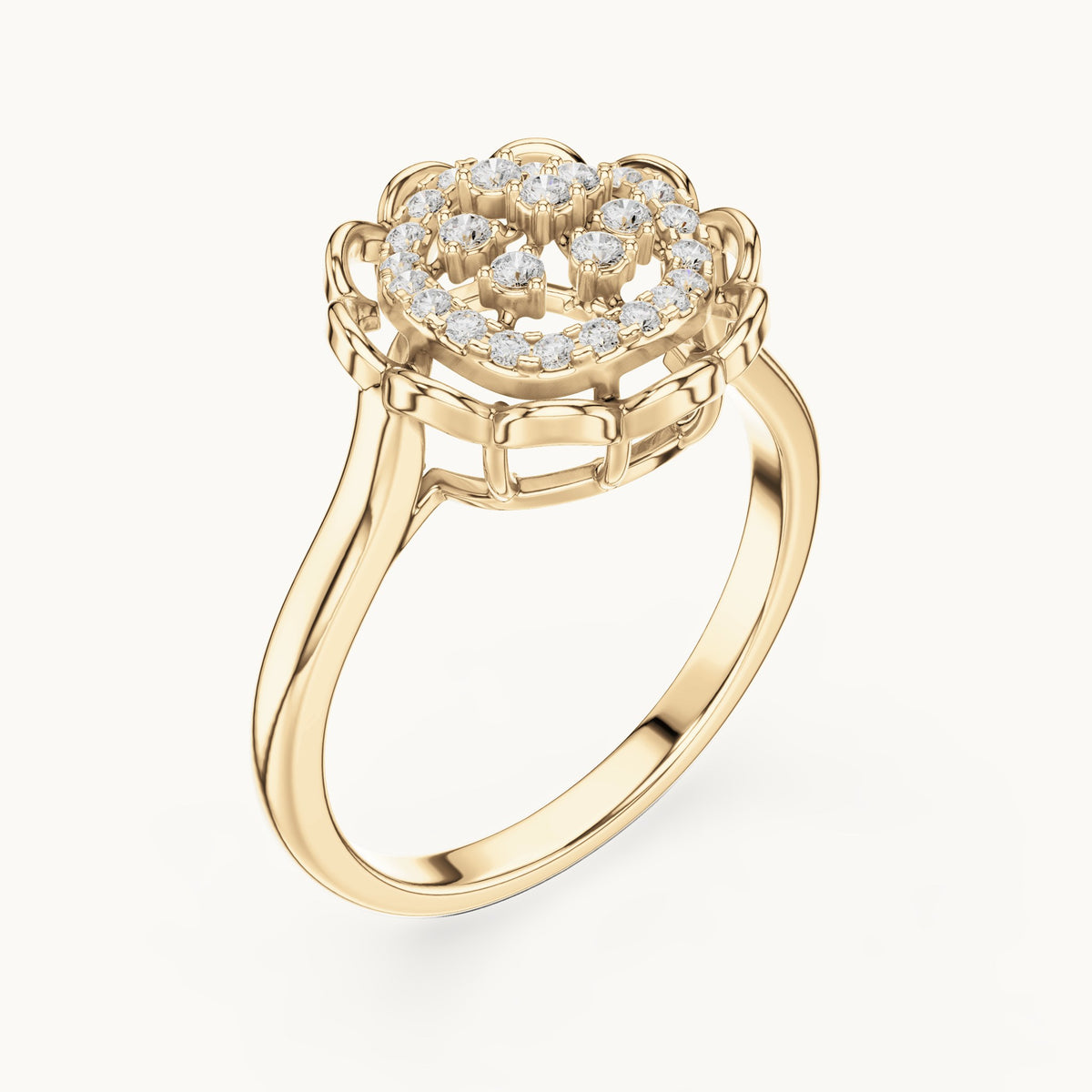 Round lab-grown diamond floral openwork cluster ring in yellow gold, 0.19 CT TW, view 2