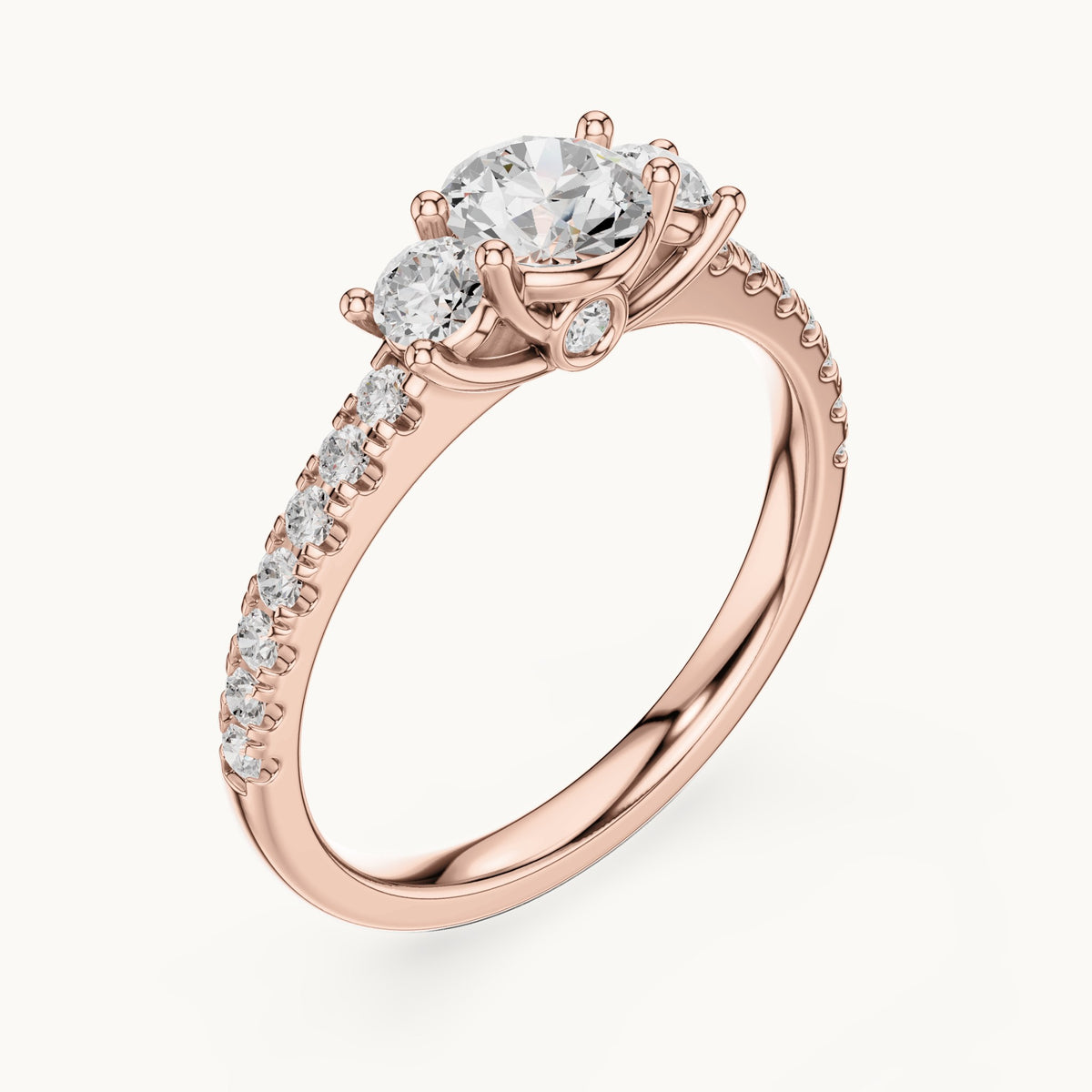 Round lab-grown diamond three-stone pavé engagement ring in rose gold, 1.004 CT TW, view 2