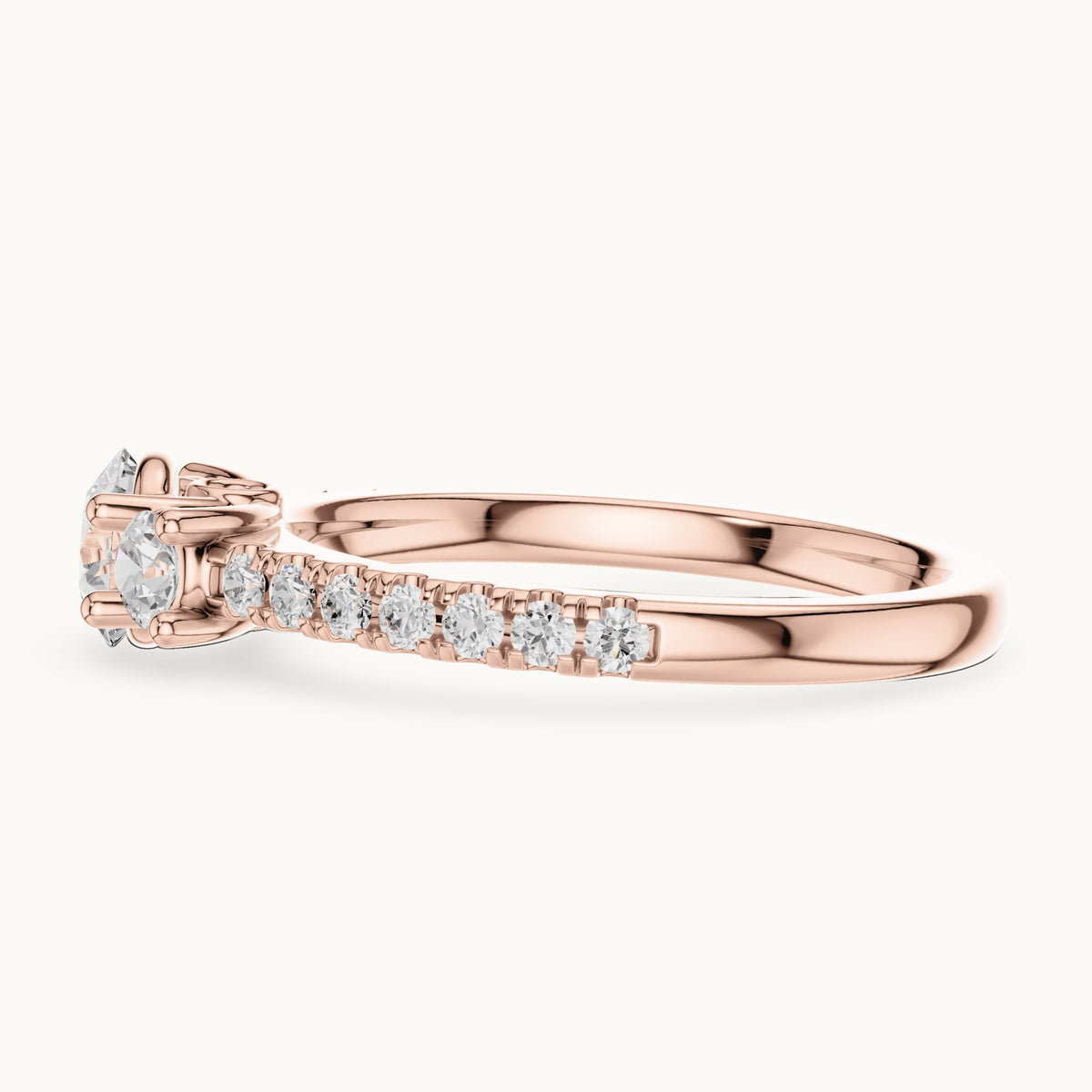 Round lab-grown diamond three-stone pavé engagement ring in rose gold, 1.004 CT TW, view 3