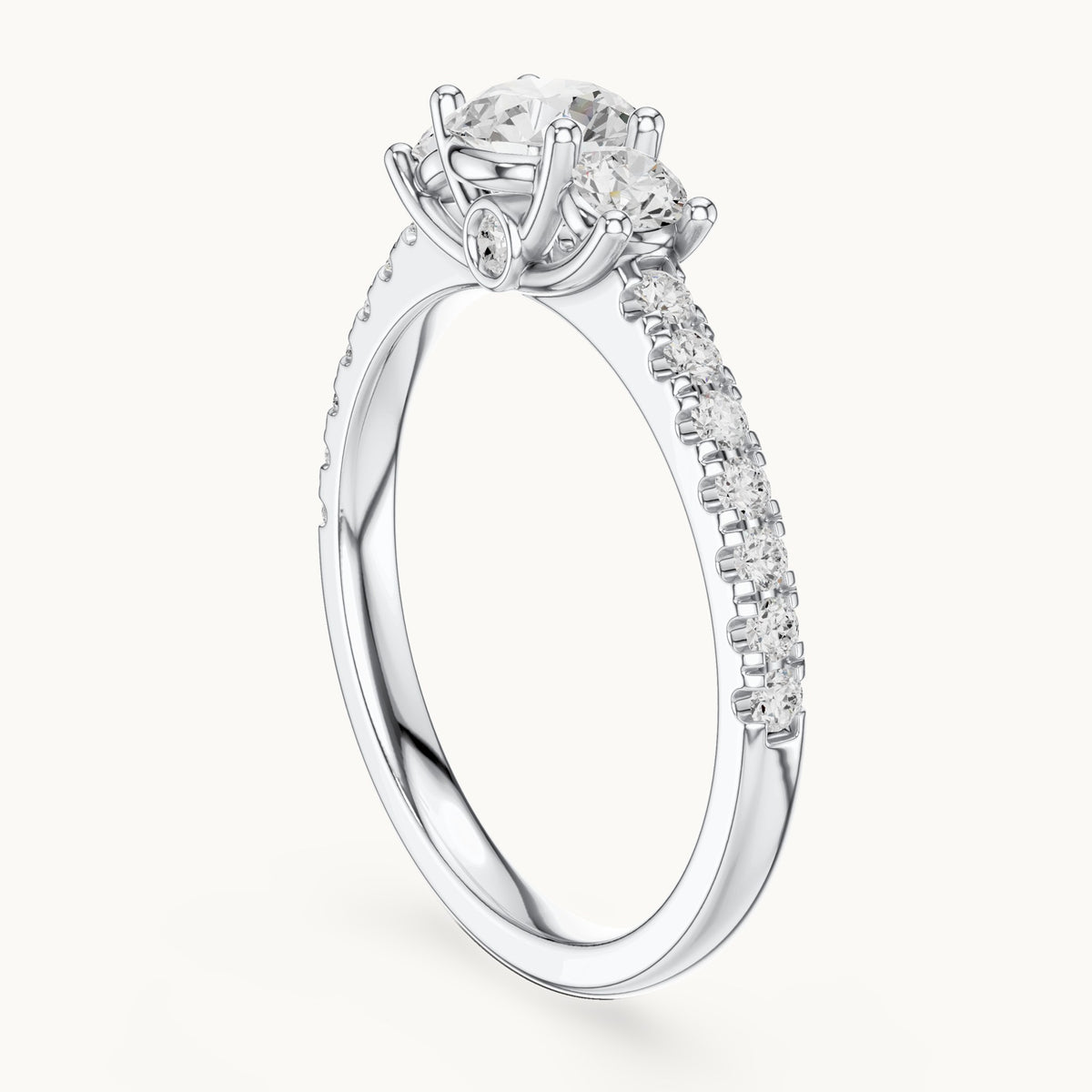 Round lab-grown diamond three-stone pavé engagement ring in white gold, 1.004 CT TW, view 1