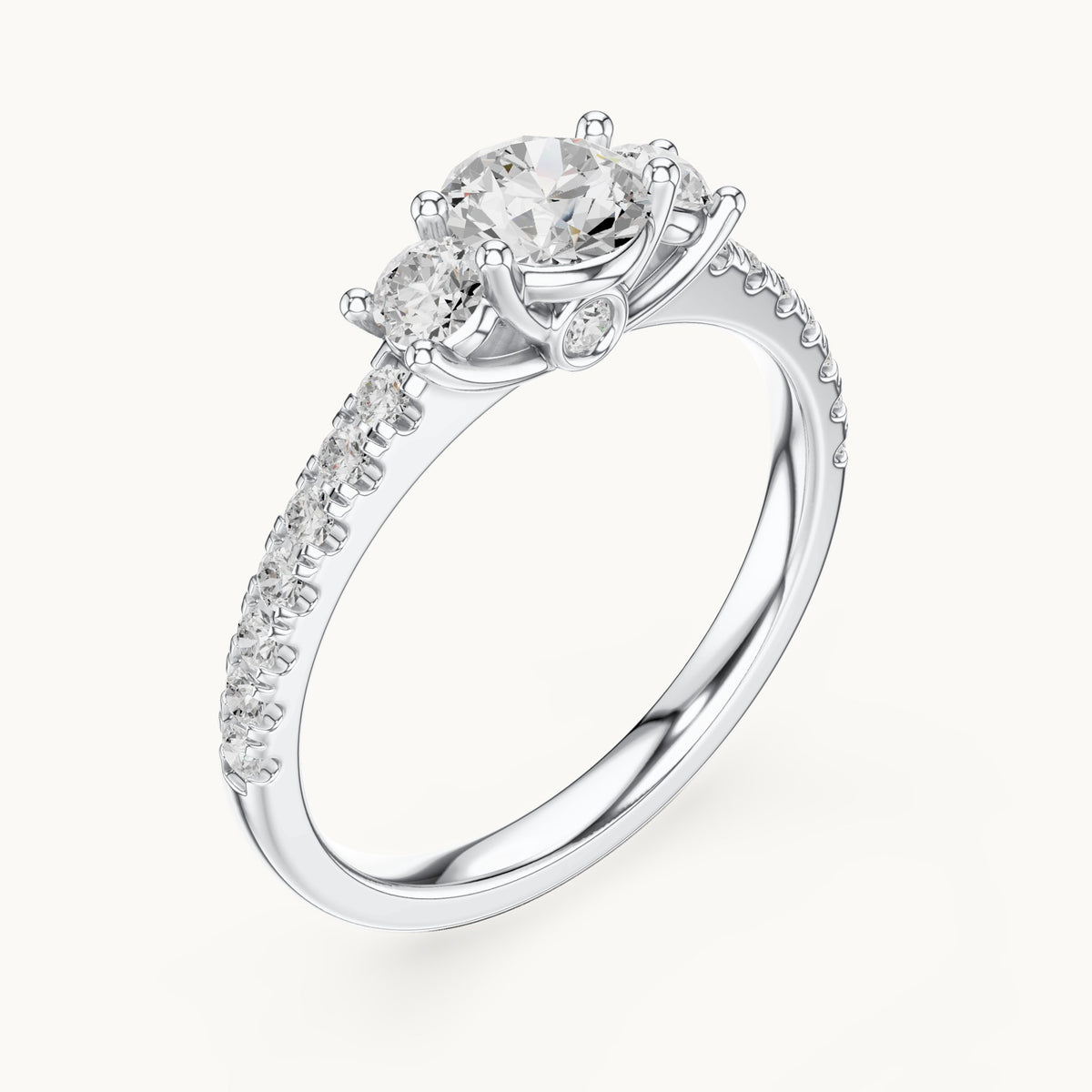 Round lab-grown diamond three-stone pavé engagement ring in white gold, 1.004 CT TW, view 2