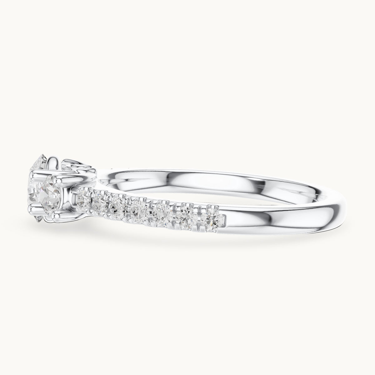 Round lab-grown diamond three-stone pavé engagement ring in white gold, 1.004 CT TW, view 3
