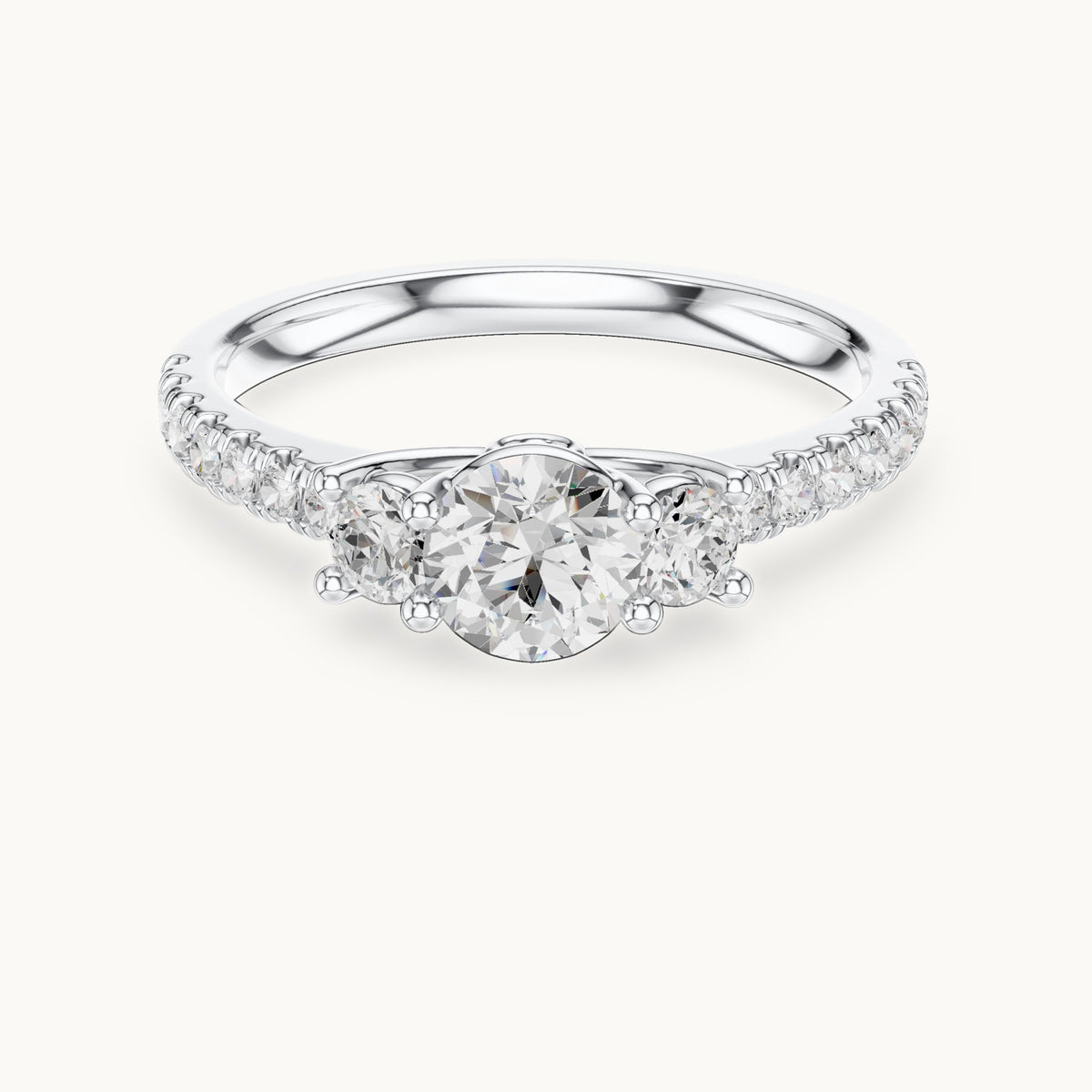 Round lab-grown diamond three-stone pavé engagement ring in white gold, 1.004 CT TW, view 4