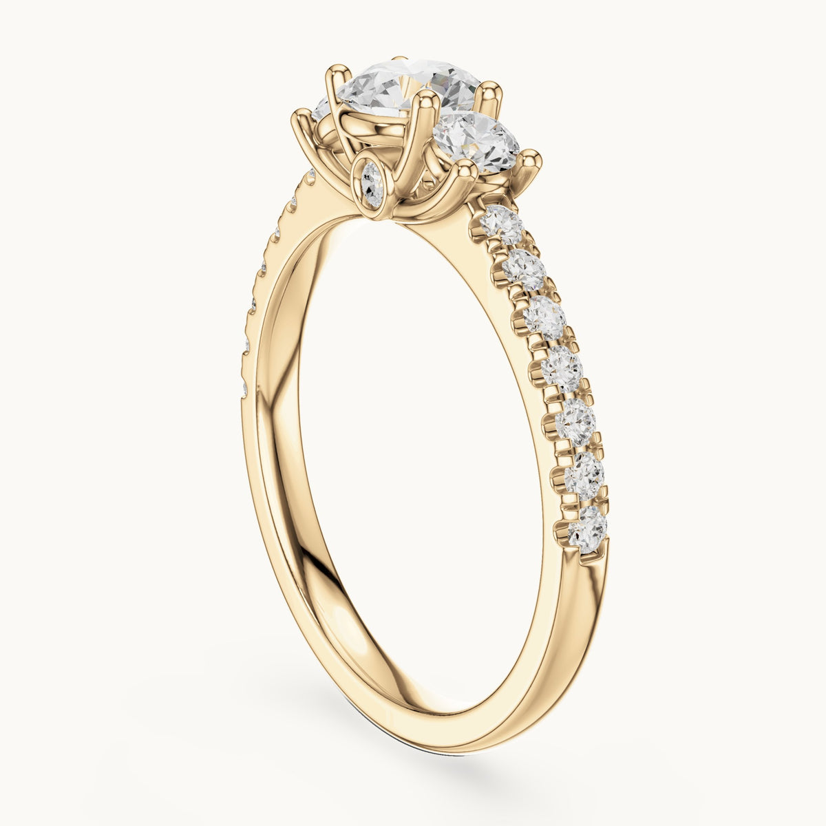 Round lab-grown diamond three-stone pavé engagement ring in yellow gold, 1.004 CT TW, view 1