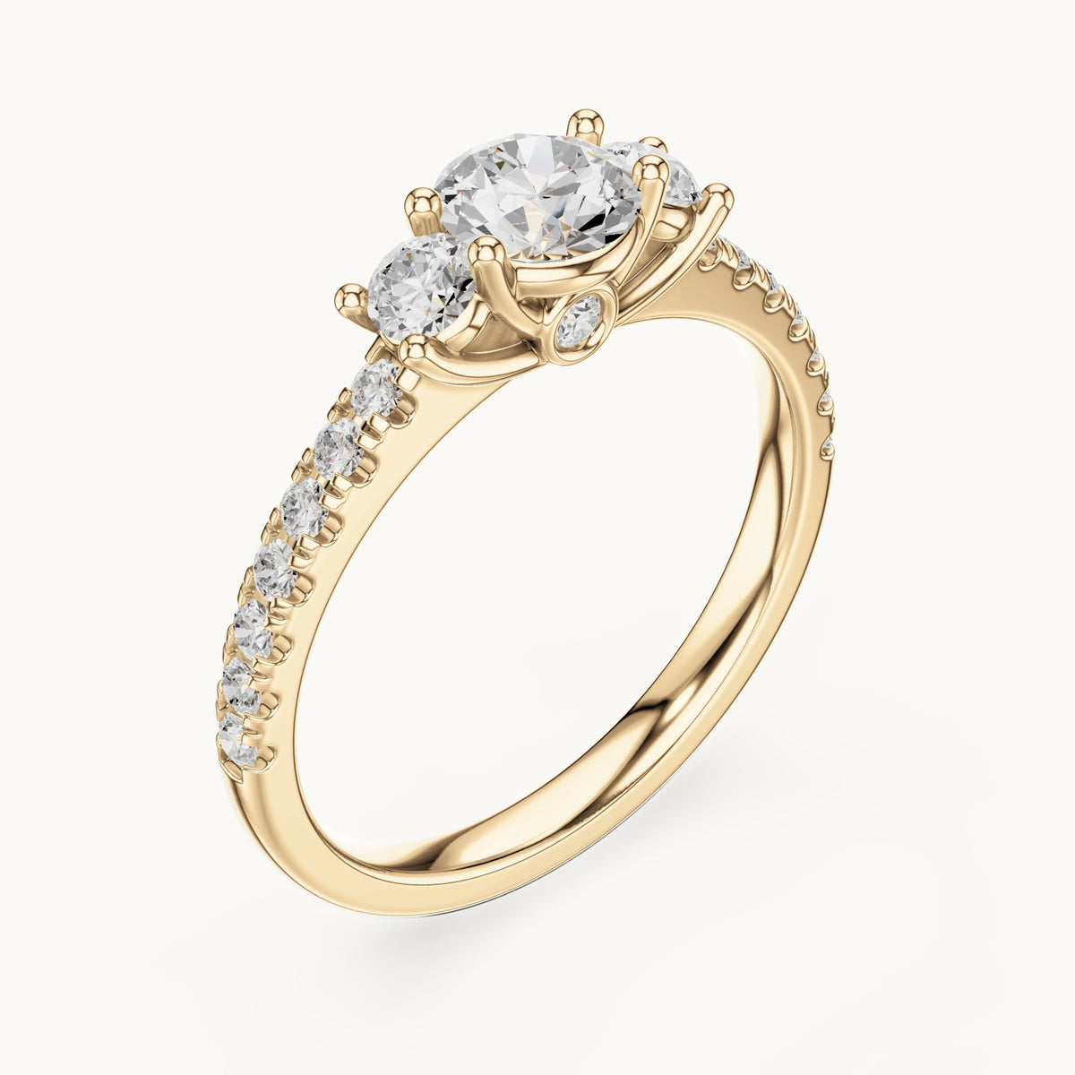 Round lab-grown diamond three-stone pavé engagement ring in yellow gold, 1.004 CT TW, view 2