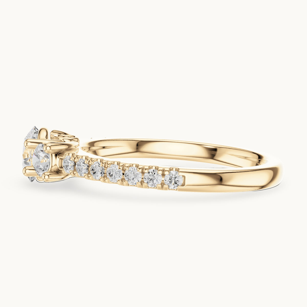Round lab-grown diamond three-stone pavé engagement ring in yellow gold, 1.004 CT TW, view 3