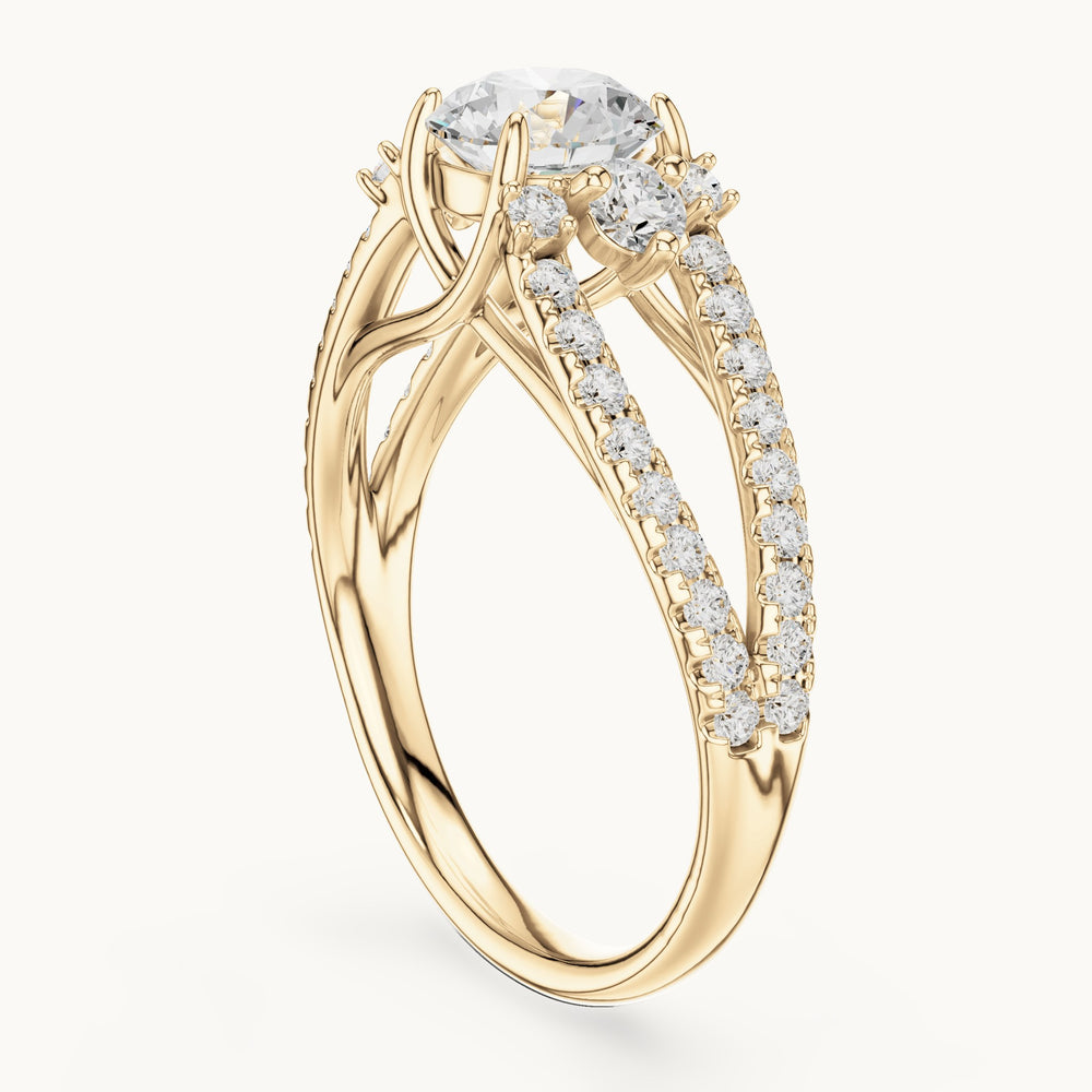Round lab-grown diamond three-stone engagement ring with pavé split shank in yellow gold, 1.588 CT TW, view 1