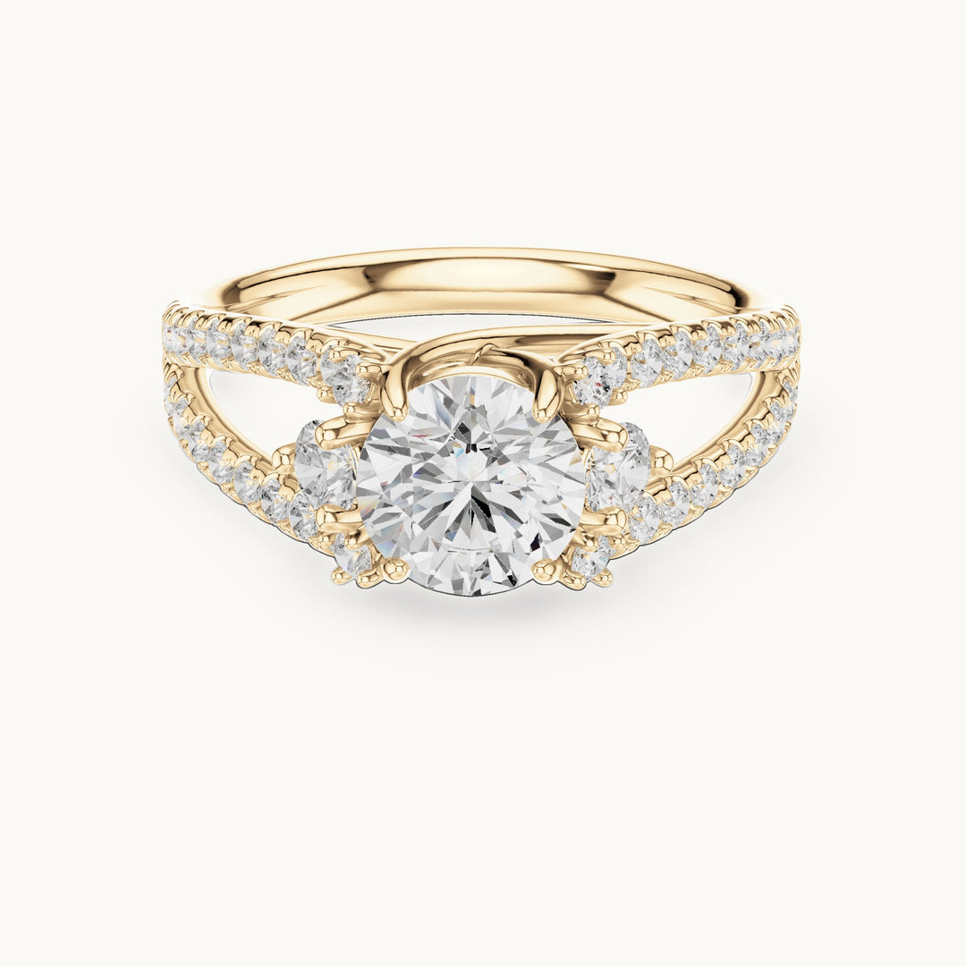 Round lab-grown diamond three-stone engagement ring with pavé split shank in yellow gold, 1.588 CT TW, view 4