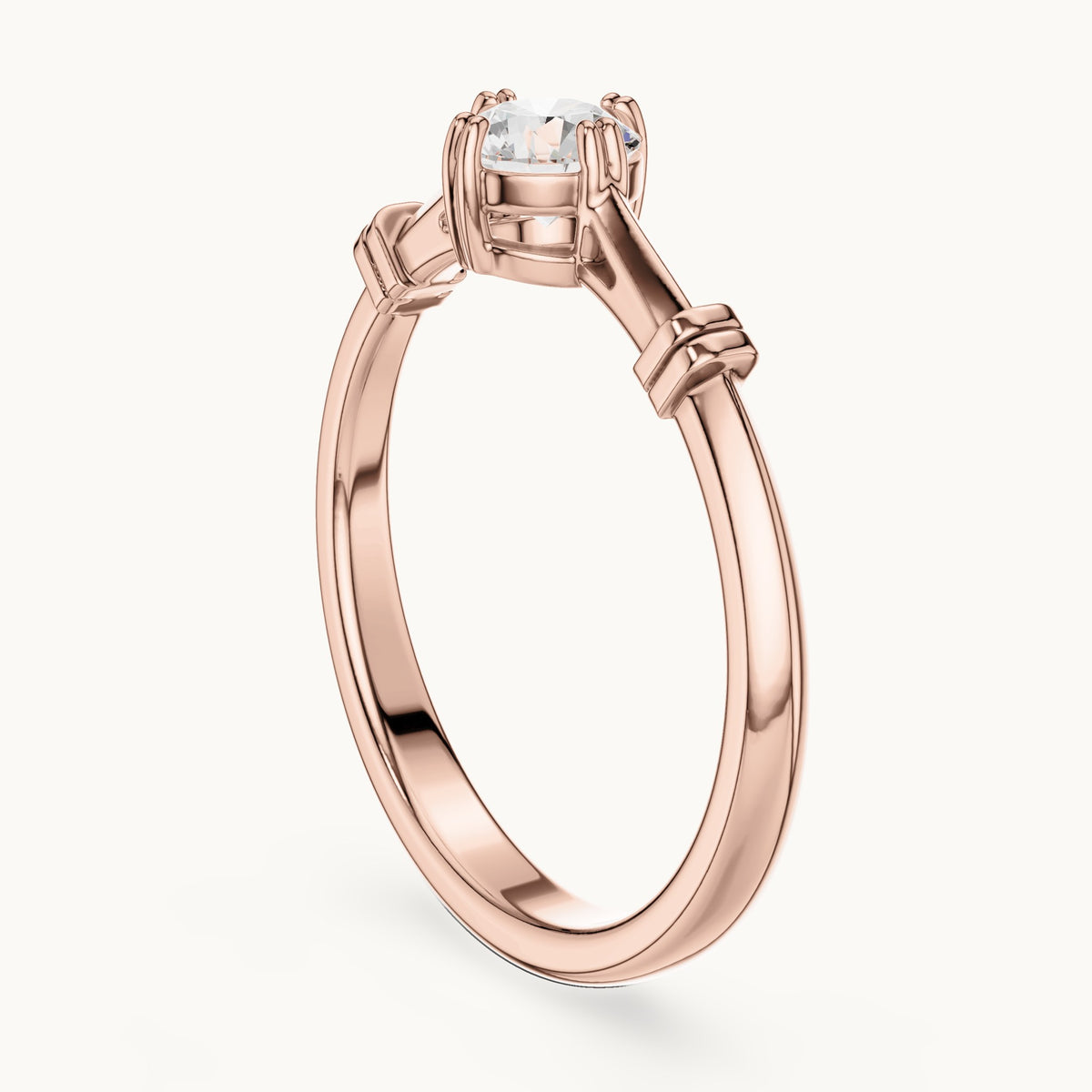 Round lab-grown diamond solitaire engagement ring with bar accents in rose gold, 0.35 CT TW, view 1