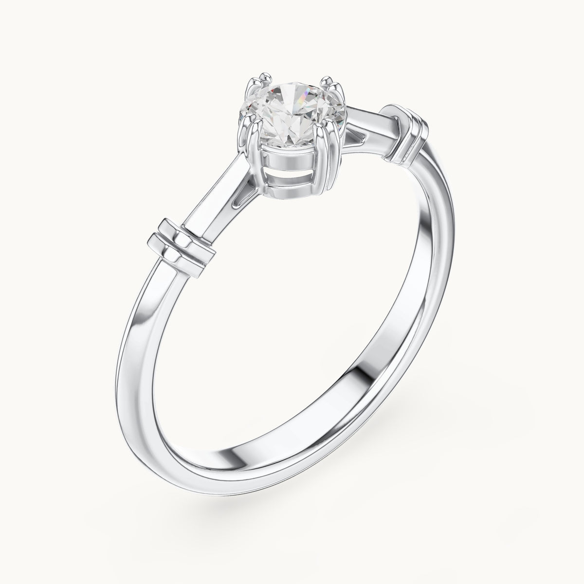 Round lab-grown diamond solitaire engagement ring with bar accents in white gold, 0.35 CT TW, view 2
