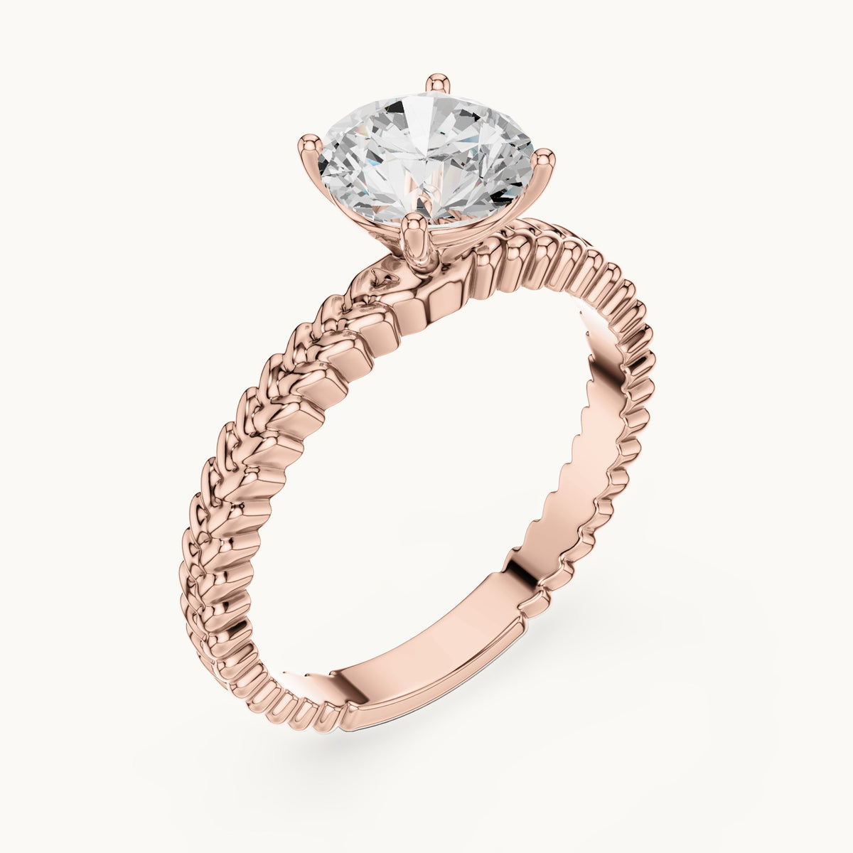 Round lab-grown diamond solitaire engagement ring with braided band in rose gold, 1.25 CT TW, view 2