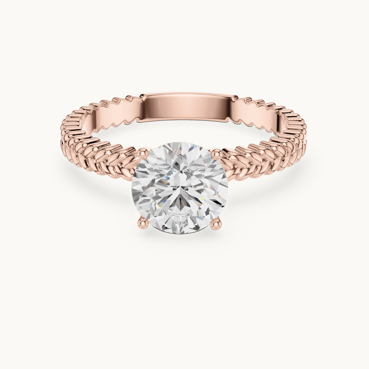 Round lab-grown diamond solitaire engagement ring with braided band in rose gold, 1.25 CT TW, view 4