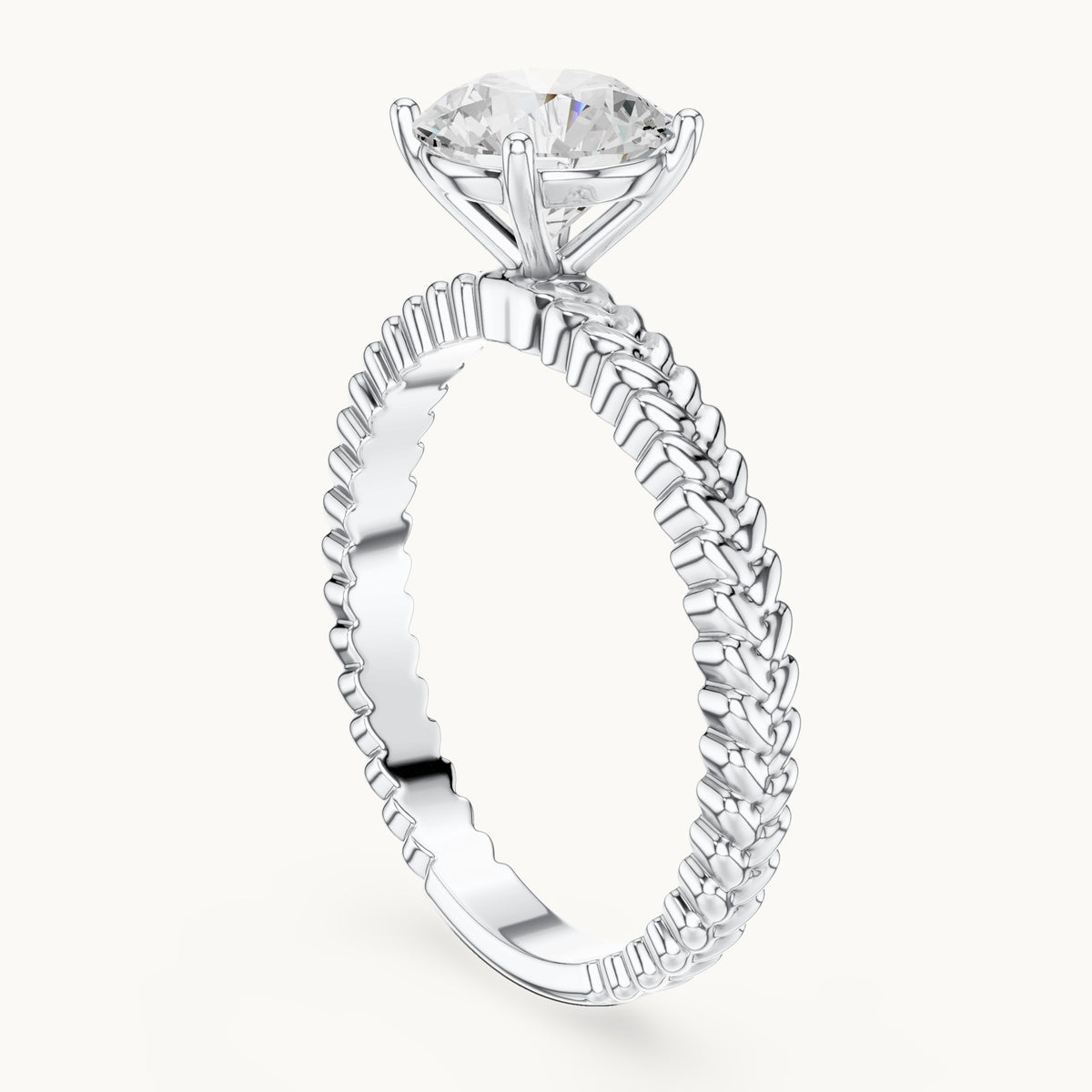 Round lab-grown diamond solitaire engagement ring with braided band in white gold, 1.25 CT TW, view 1