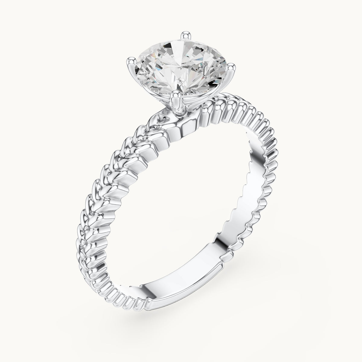Round lab-grown diamond solitaire engagement ring with braided band in white gold, 1.25 CT TW, view 2