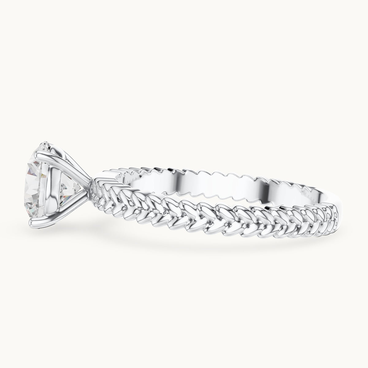 Round lab-grown diamond solitaire engagement ring with braided band in white gold, 1.25 CT TW, view 3