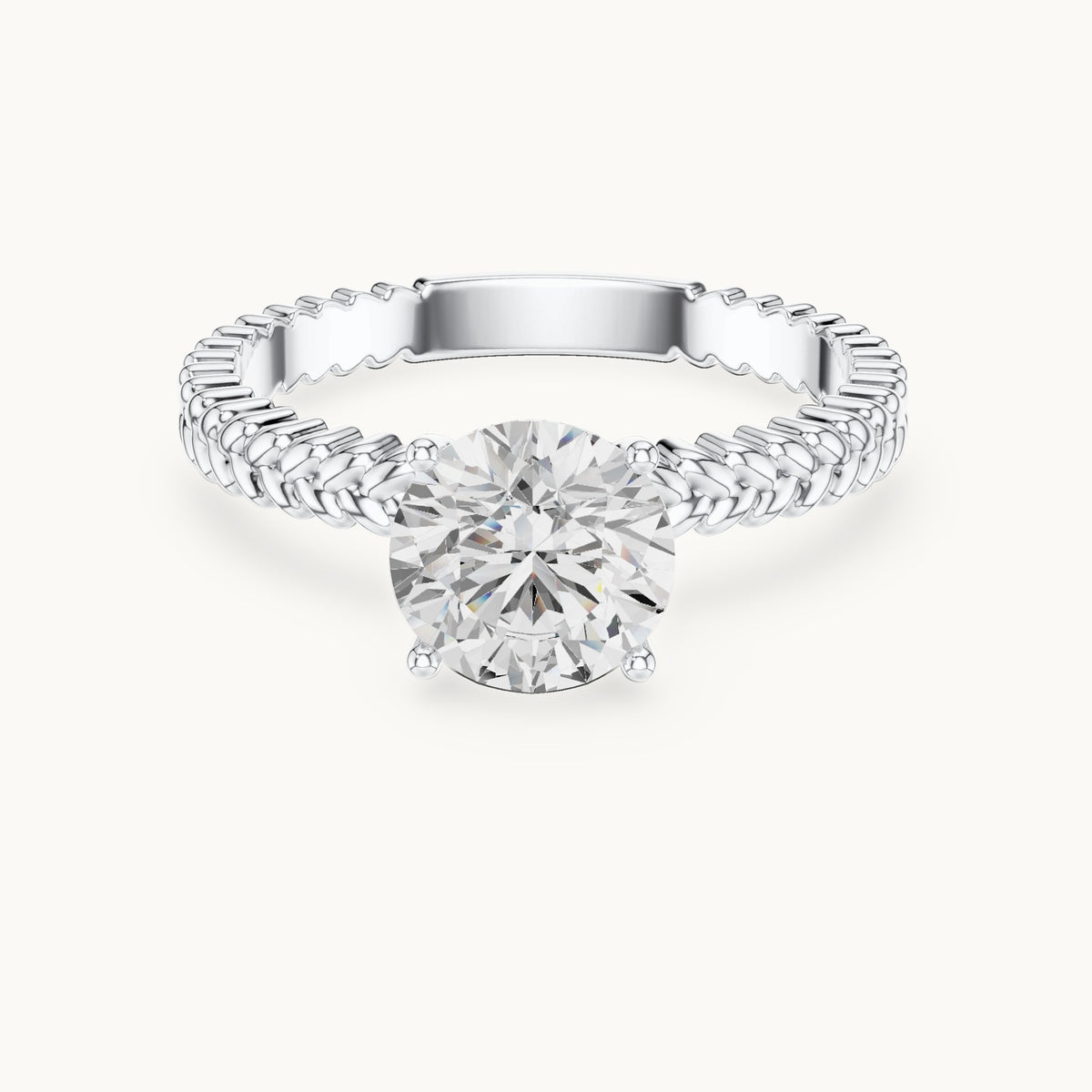 Round lab-grown diamond solitaire engagement ring with braided band in white gold, 1.25 CT TW, view 4
