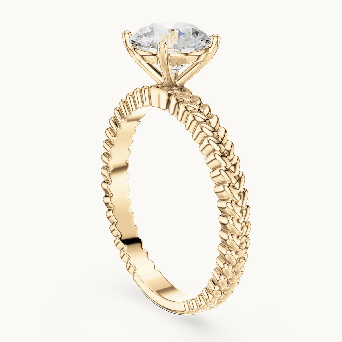 Round lab-grown diamond solitaire engagement ring with braided band in yellow gold, 1.25 CT TW, view 1