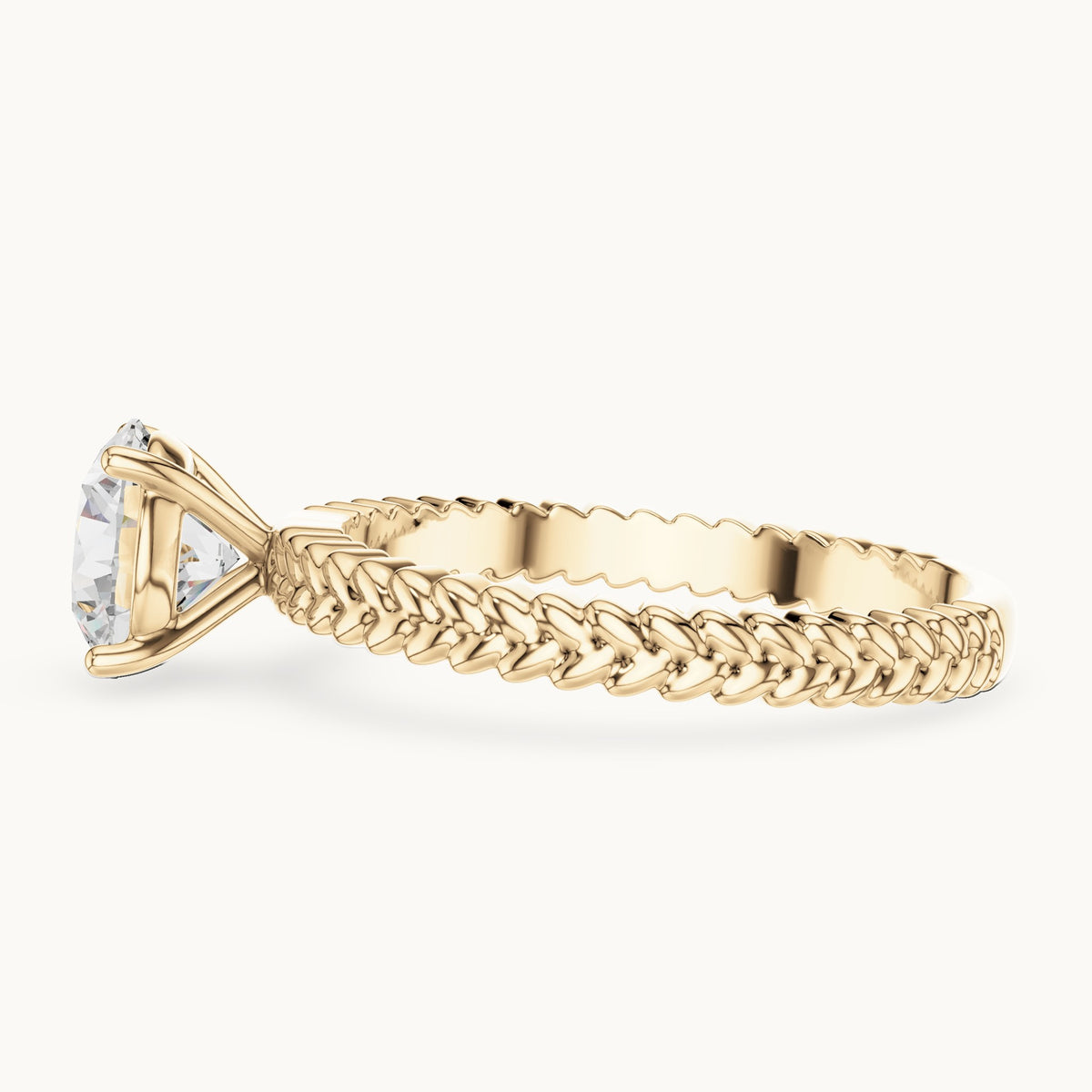 Round lab-grown diamond solitaire engagement ring with braided band in yellow gold, 1.25 CT TW, view 3