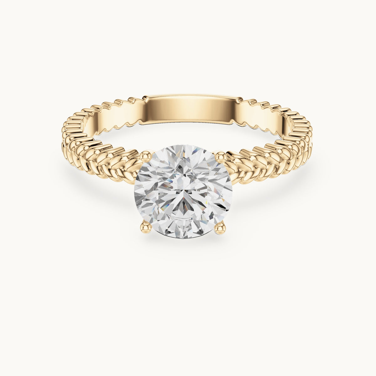 Round lab-grown diamond solitaire engagement ring with braided band in yellow gold, 1.25 CT TW, view 4