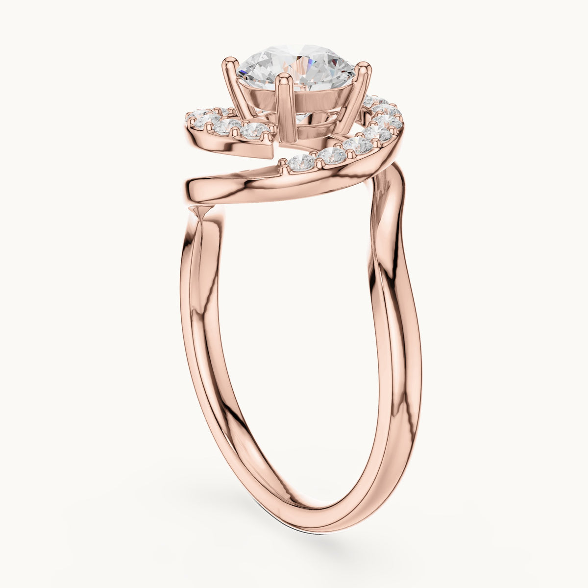 Round lab-grown diamond swirl halo engagement ring in rose gold, 1.052 CT TW, view 1