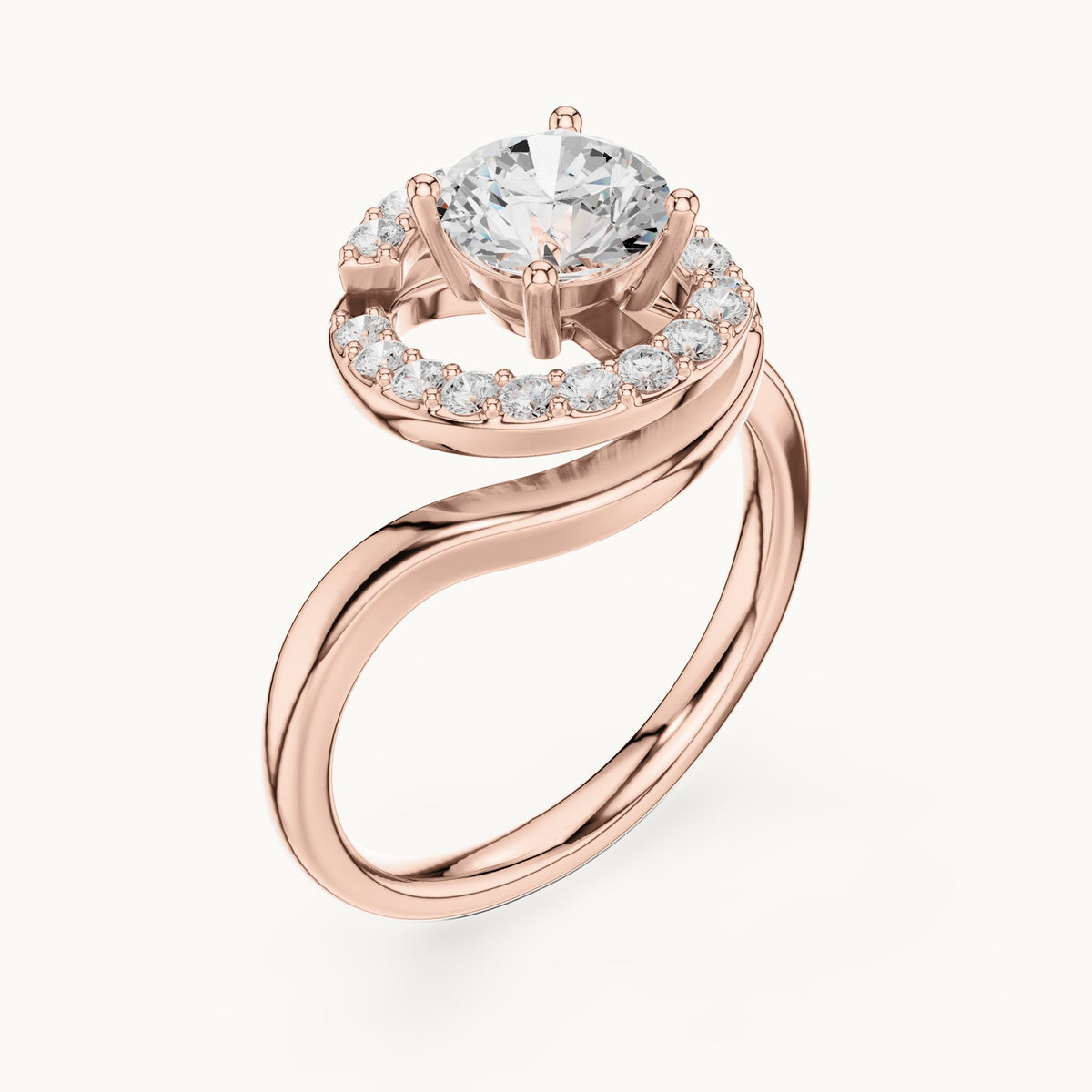 Round lab-grown diamond swirl halo engagement ring in rose gold, 1.052 CT TW, view 2