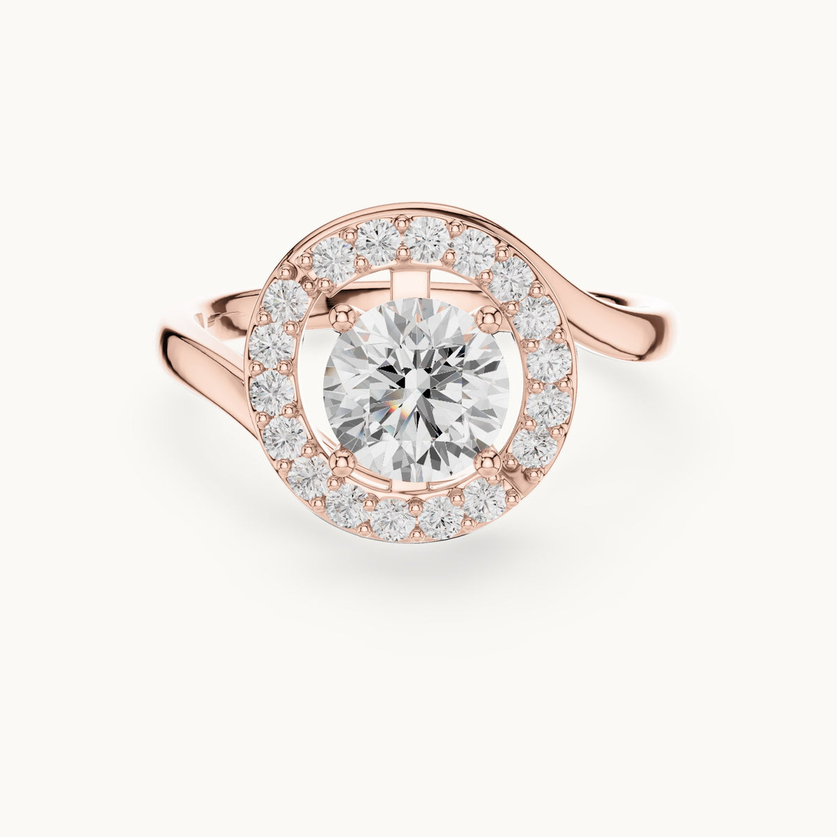 Round lab-grown diamond swirl halo engagement ring in rose gold, 1.052 CT TW, view 4